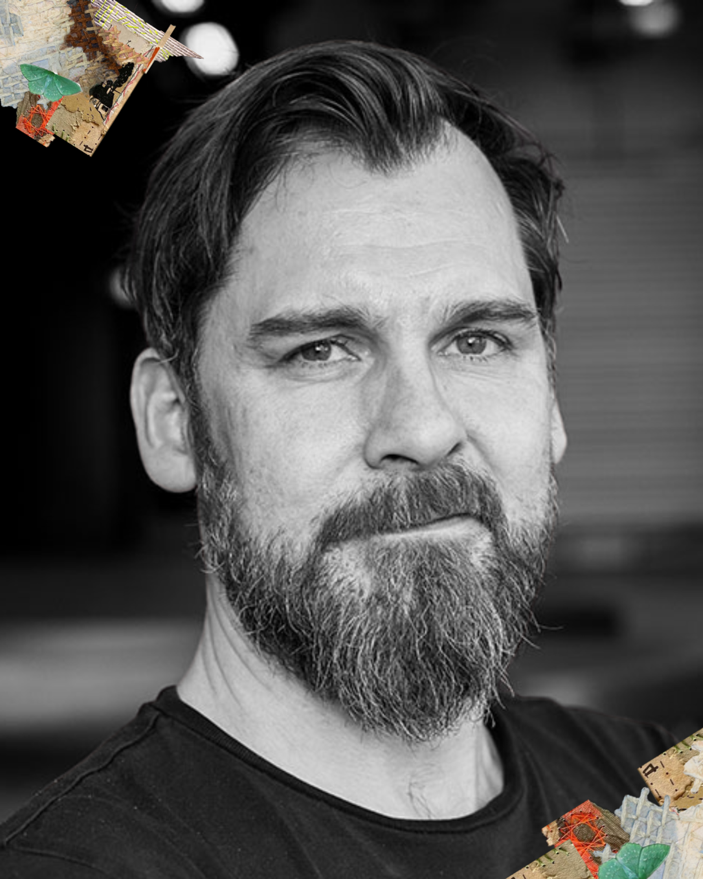 Bilde av Kolbjørn Lyslo i sorthvitt med innklippsbilder fra kostume i bildet