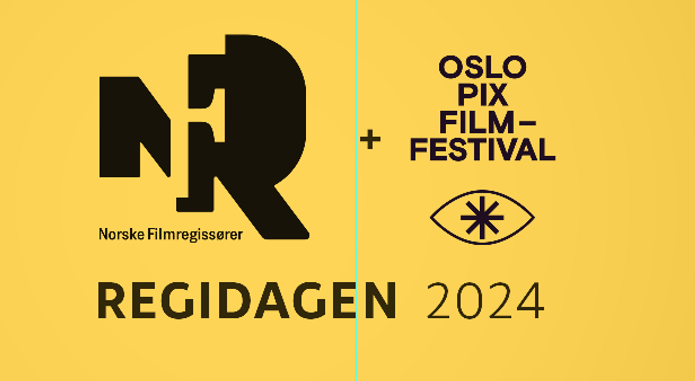 En gul plakat med logoene til Norske Filmregissører og Oslo Pix filmfestivalen i svart. teksten Regidagen 2024 under