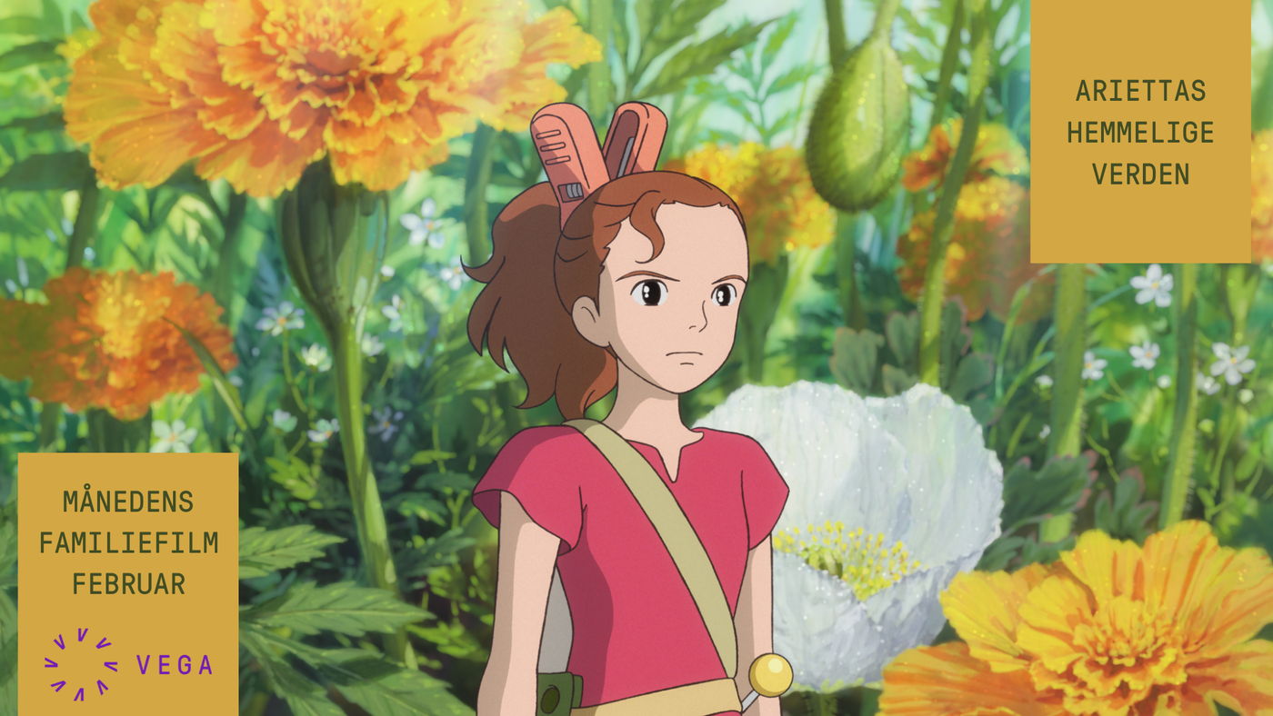 Tegnet bilde av en bitteliten jente som står blant noen blomster