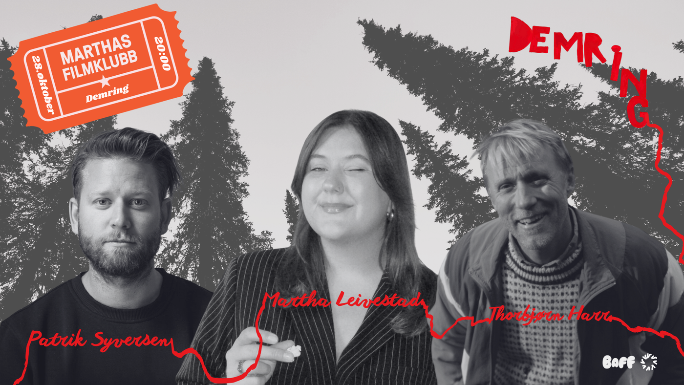 Martha og gjestene patrik og thorbjørn i skogen. De inviterer til marthas filmklubb med demring 28. oktober