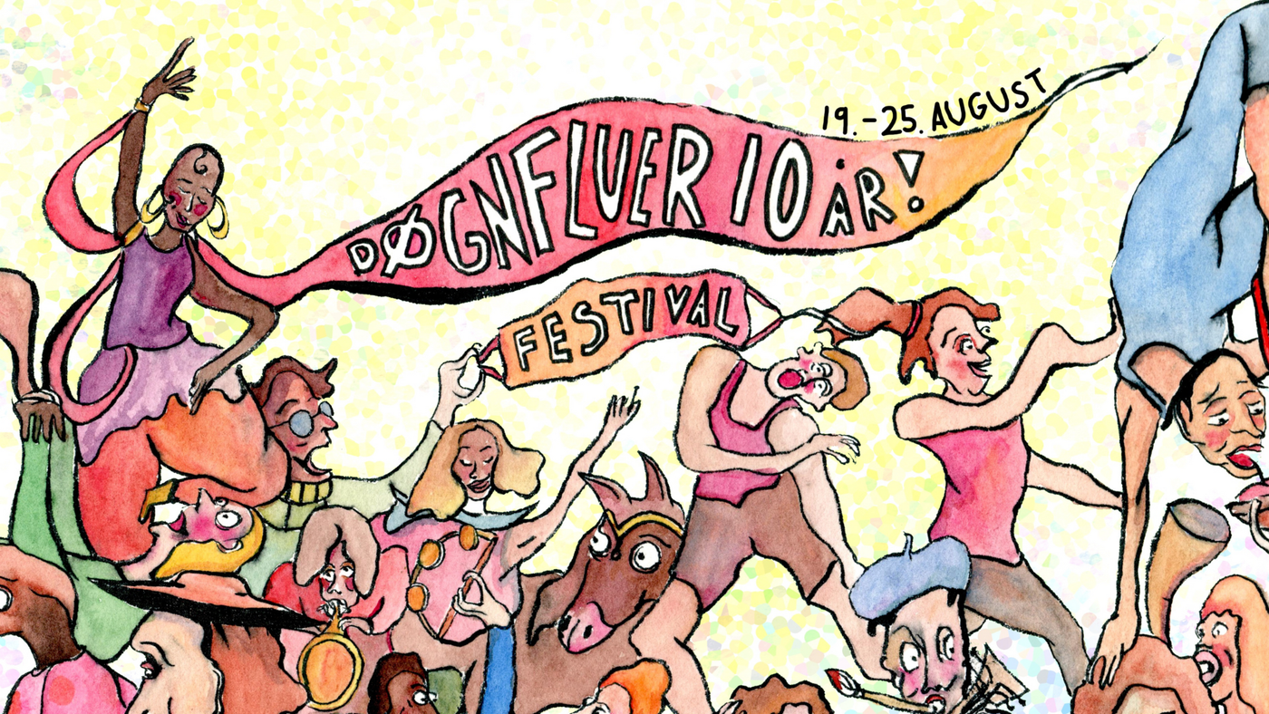 En fargerik og tegneserieaktig illustrasjon som feirer en festival. Øverst i bildet er det en bølgende banner med teksten "Døgnfluer 10 år!" og datoen "19.–25. august" skrevet i svart. Under banneret er det en livlig gruppe mennesker og figurer som danser, spiller musikk og deltar i forskjellige aktiviteter. Det er en blanding av kreative, humoristiske og surrealistiske elementer, som for eksempel en person med et dyrehode og mennesker i uvanlige positurer.