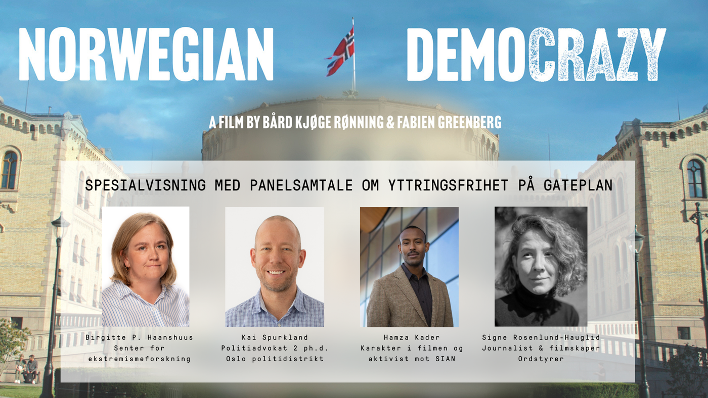 Bildet er en plakat for filmen "Norwegian Democrazy" laget av Bård Kjøge Rønning og Fabien Greenberg, med Stortinget, Norges nasjonalforsamling, blurret ut, som bakgrunn. 