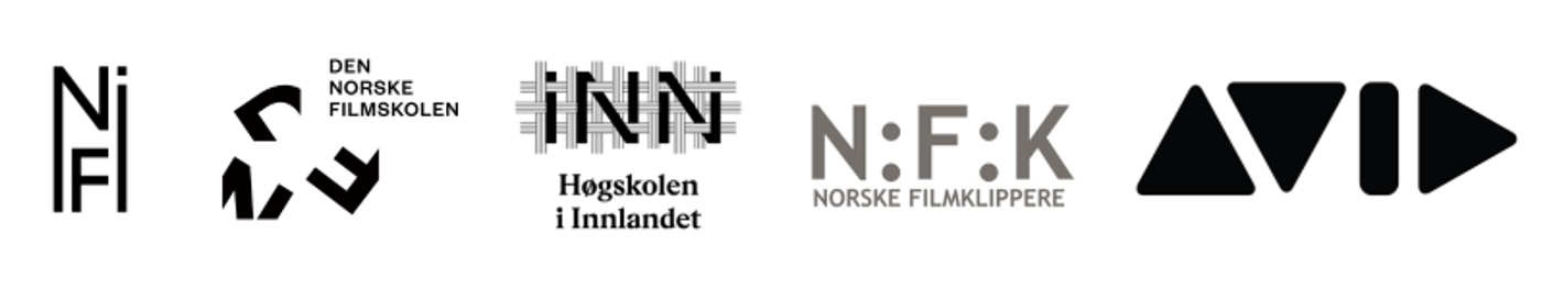 Logoene til Norsk filminstitutt, Den norske filmskolen, Høyskolen i Innlandet, Norske Filmklippere og AVID.