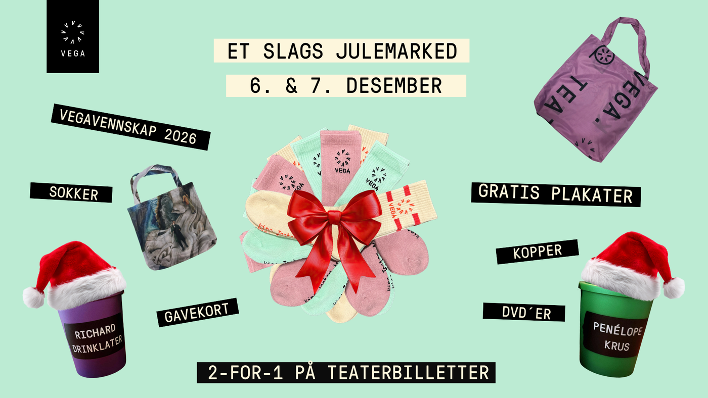 Bilde av Vegakopper og totebags. På bilde står det "et slags julemarked 6. & 7. desember"