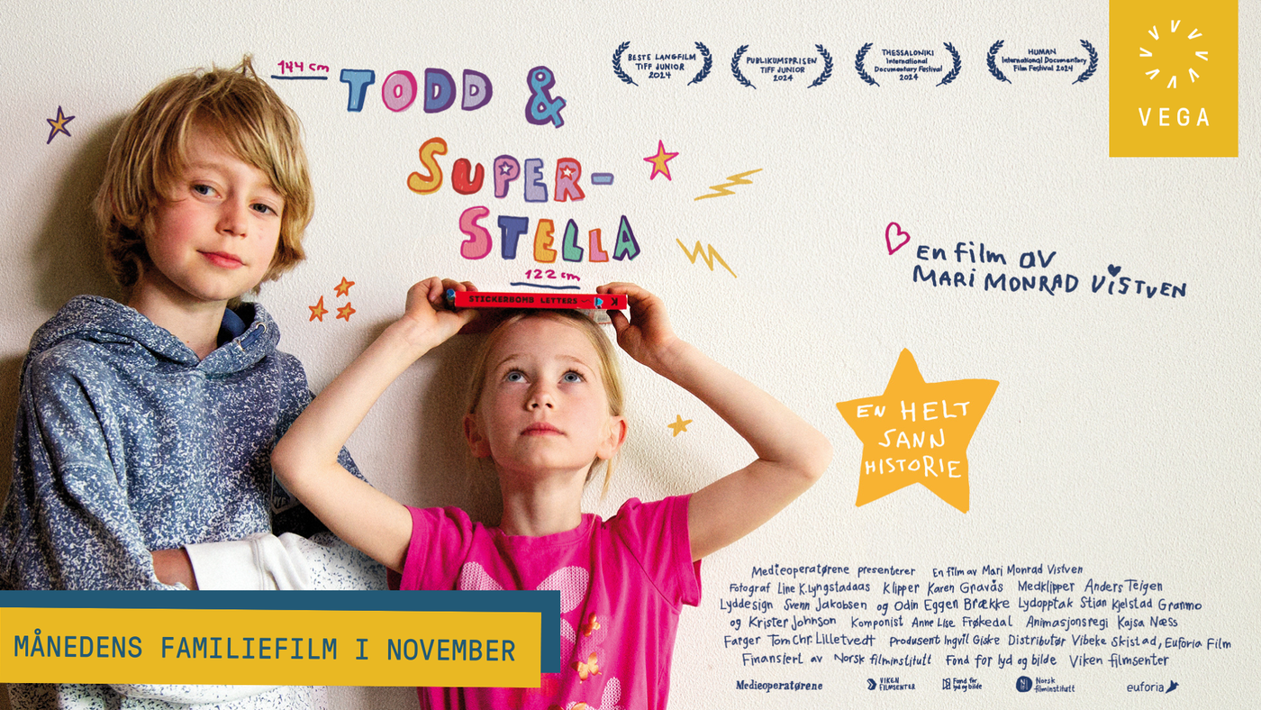 Filmplakat fro Todd & Super-Stella. En litt eldre gutt og en yngre jente står inntil en vegg. Jenta holder en bok på hodet. Tittel og resten av informasjonen er tegnet rundt dem.