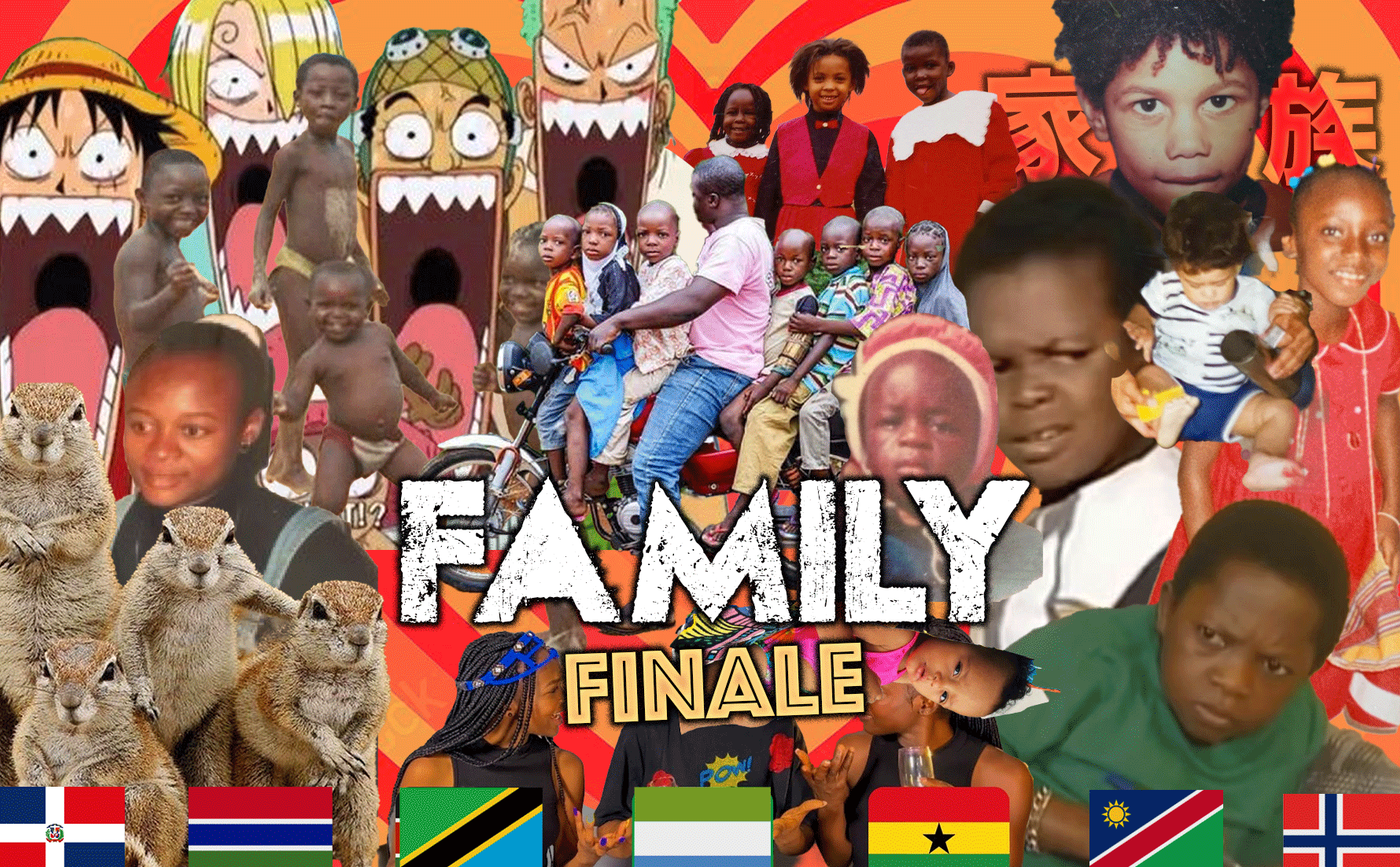 Kollasj av ansikter, dyr og flagg