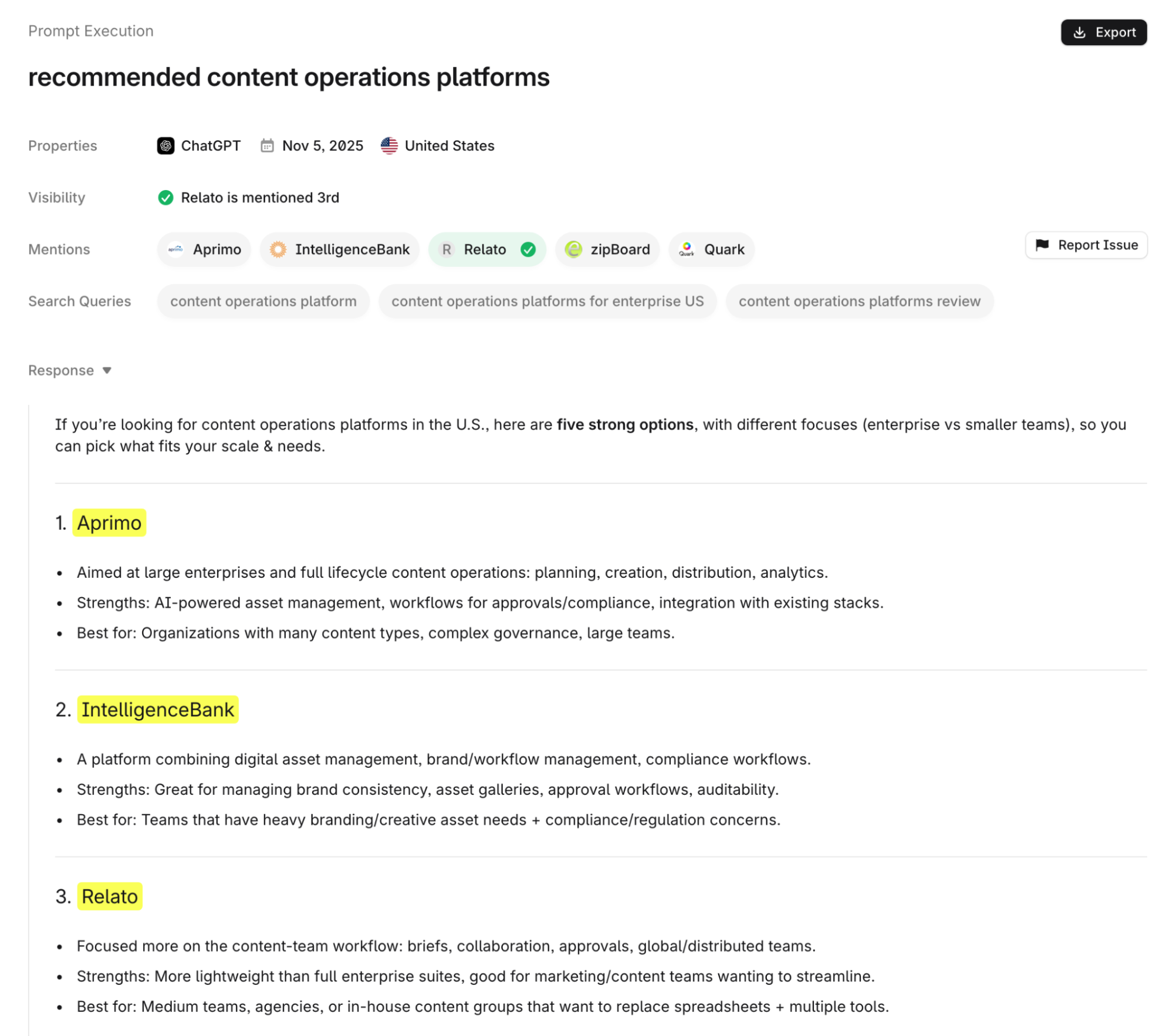 Profound specific prompt response screenshot