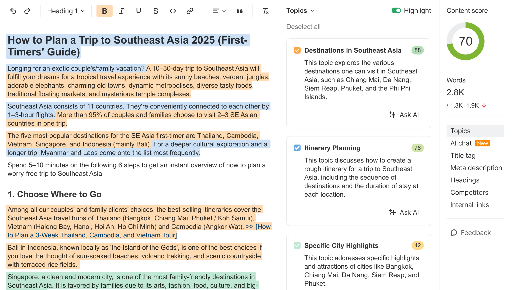 Ahrefs AI Content Helper interface showing a draft article about planning a trip to Southeast Asia, with topic suggestions, content score of 70, and keyword coverage highlights for SEO optimization.