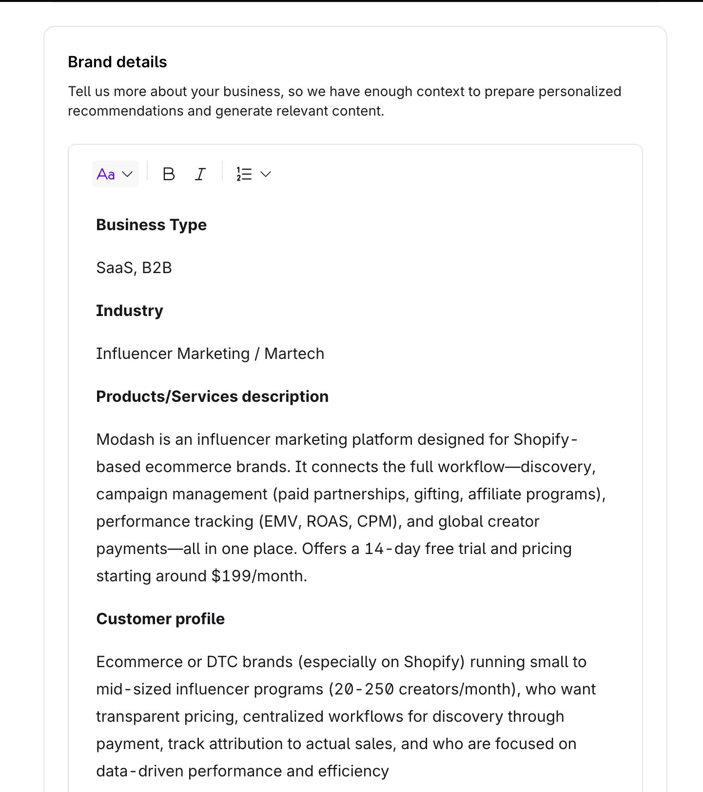 brand details for content creation in Surfer