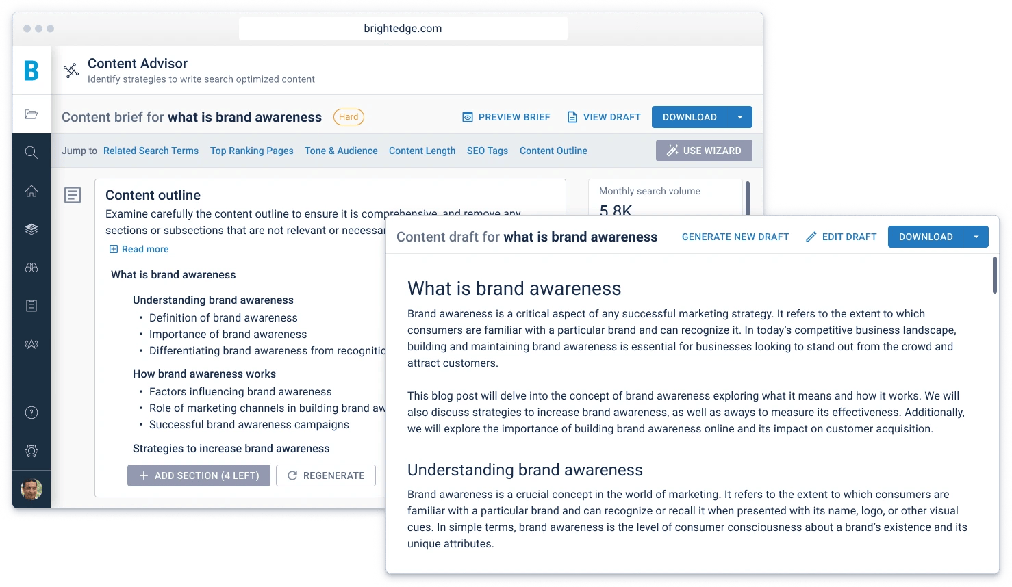 BrightEdge Content Advisor interface showing a content brief and draft for "what is brand awareness," with an SEO-focused content outline on the left and a generated draft on the right, built around monthly search volume and top-ranking pages.