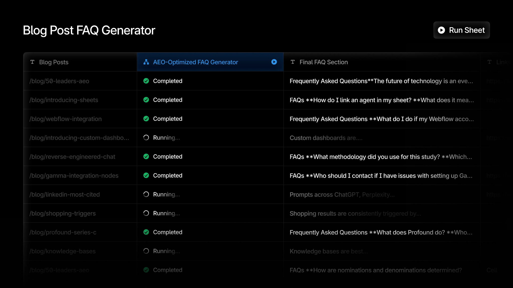 Profound Sheets running an AEO-optimized FAQ generator across a list of blog posts in parallel