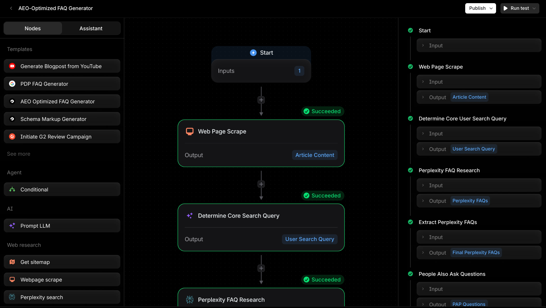 Profound's Agent workflow builder showing an AEO-Optimized FAQ Generator pipeline with nodes for Start, Web Page Scrape, Determine Core Search Query, Perplexity FAQ Research, and Extract Perplexity FAQs, with a template library visible on the left
