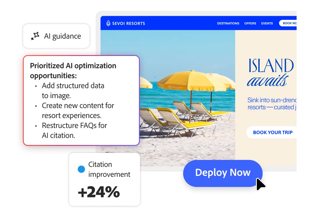Adobe LLM Optimizer interface showing AI-guided optimization opportunities for Sevoi Resorts, including recommendations to add structured data to images, create new content for resort experiences, and restructure FAQs for AI citation, alongside a projected citation improvement of +24% and a Deploy Now button.