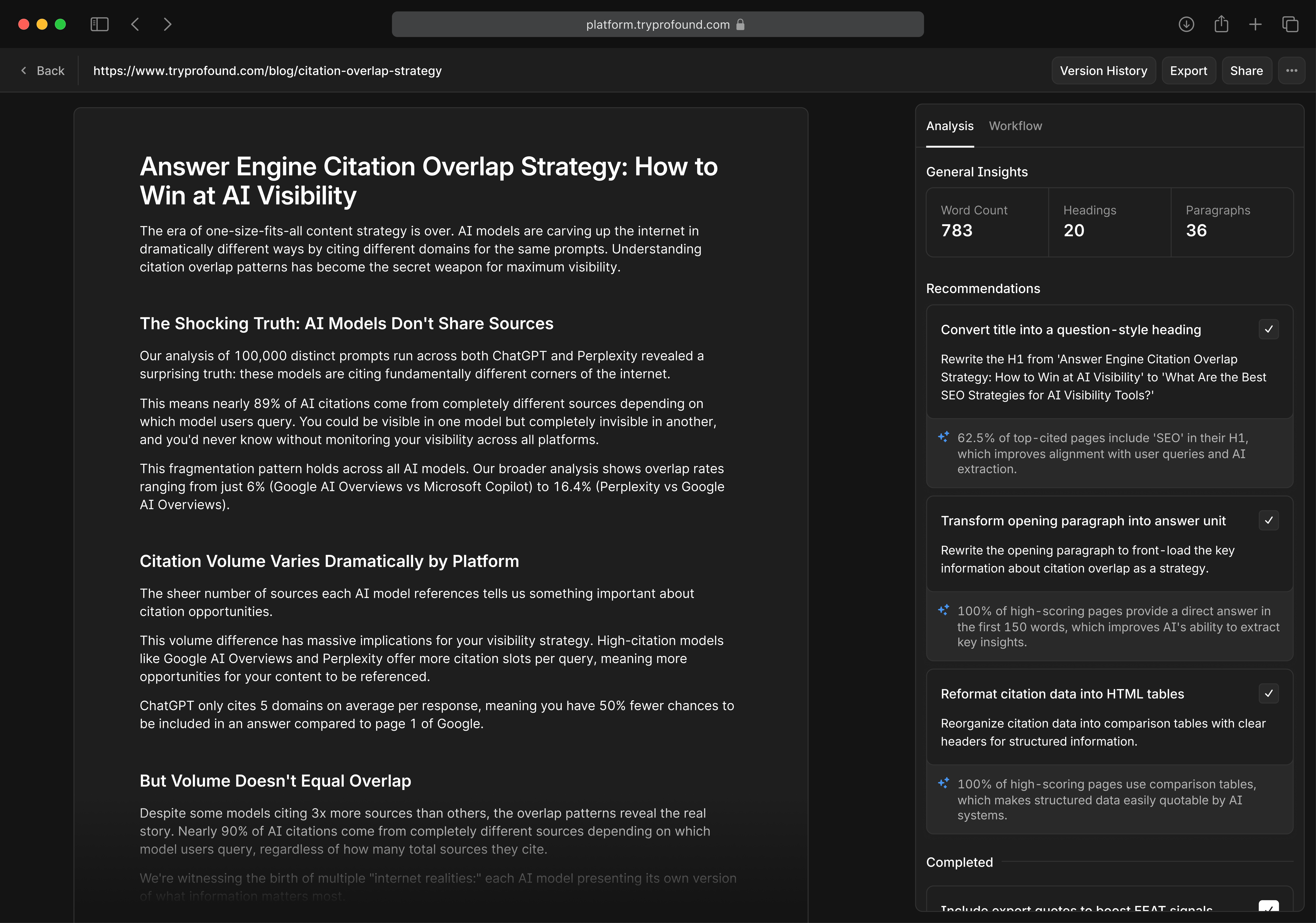 A screenshot of Content Optimization in the Profound platform.