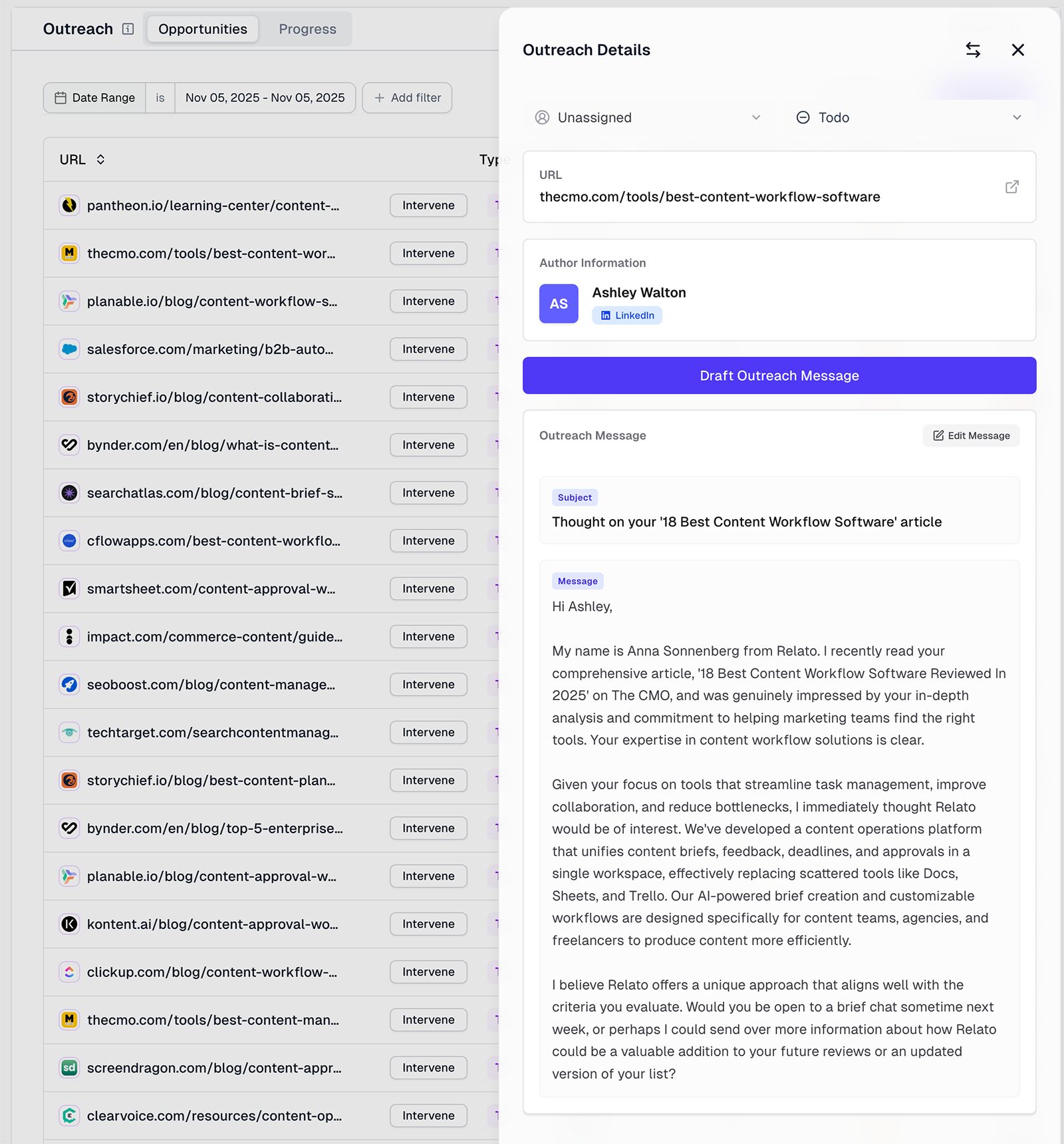 AthenaHQ Outreach panel showing a list of third-party URLs flagged as outreach opportunities, with a side panel displaying an AI-generated pitch email addressed to a specific author.