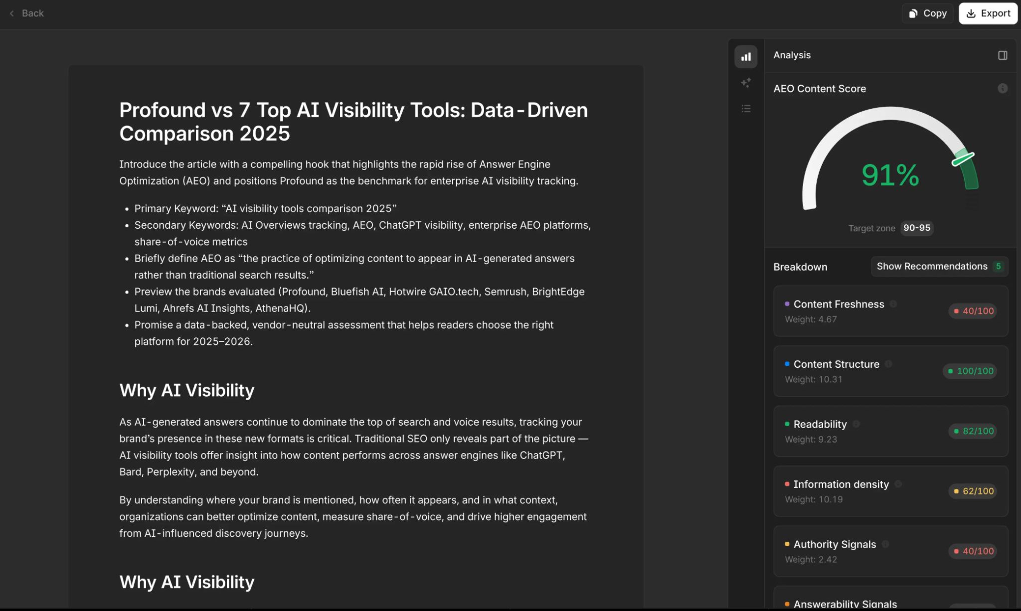 Profound content editor showing a draft article with an AEO Content Score of 91%, with a breakdown panel showing scores for Content Freshness, Content Structure, Readability, Information Density, and Authority Signals
