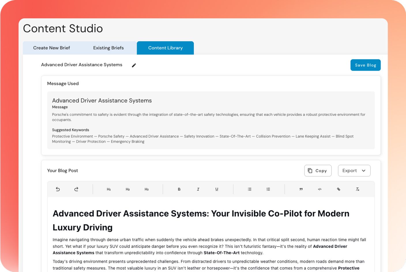 Evertune's Content Studio showing the Content Library tab with a blog post being generated for Advanced Driver Assistance Systems, including the message used about Porsche safety technology, suggested keywords such as Protective Environment and Lane Keeping Assist, and the opening paragraphs of the generated blog post below.