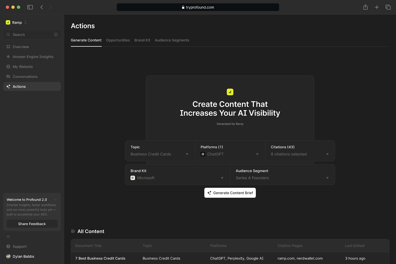 Profound Actions panel showing the Generate Content interface configured with topic, platform, citations, and audience inputs