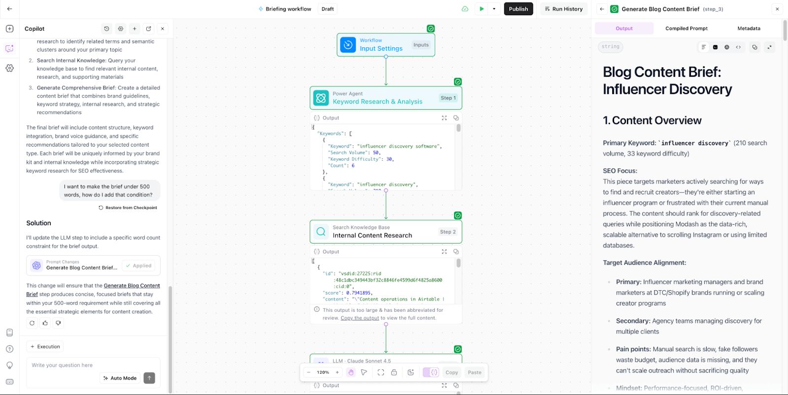 AirOps workflow builder with a multi-step briefing pipeline and Copilot sidebar open
