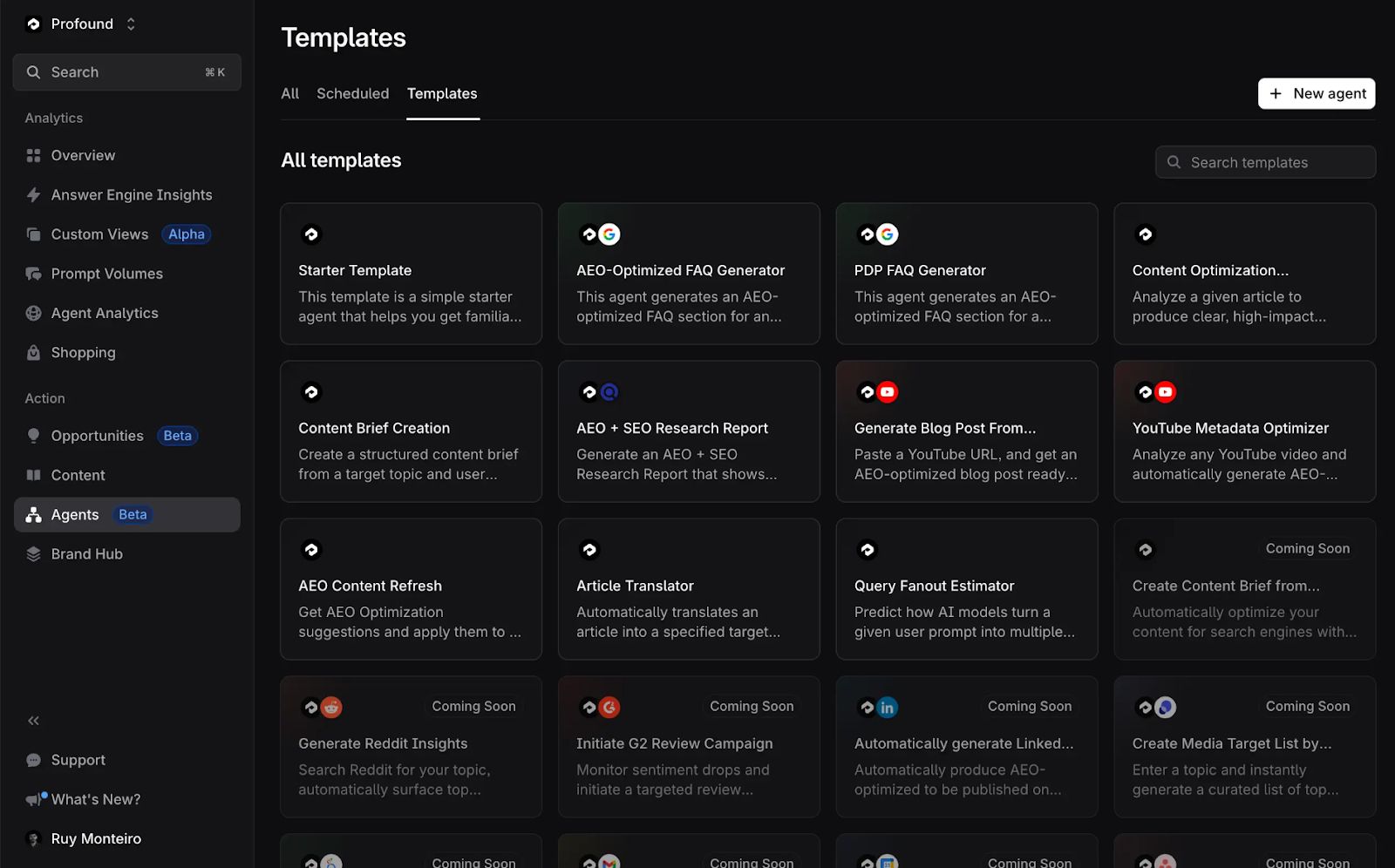 Profound Agents template library showing a grid of pre-built AEO workflow templates