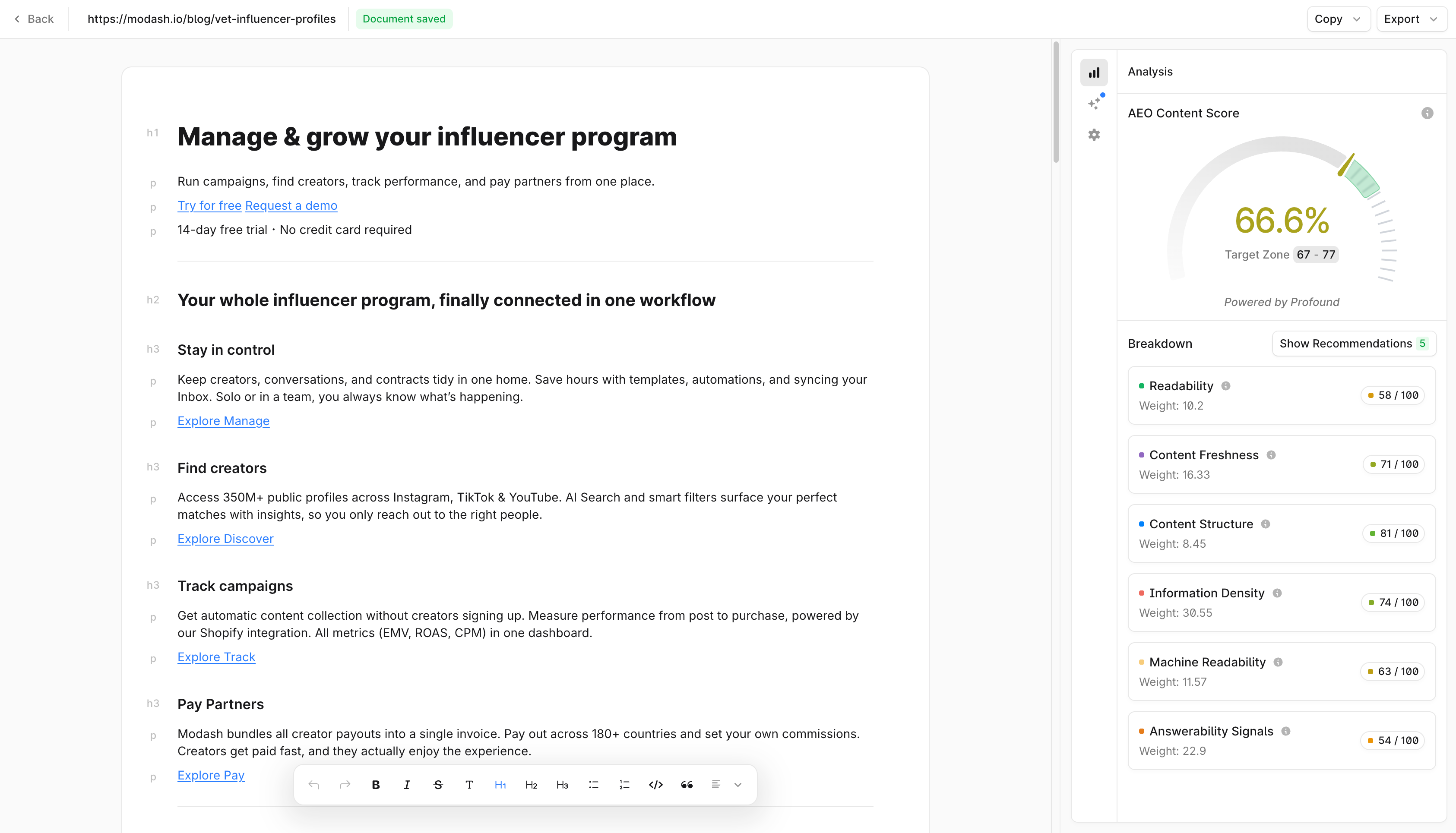 Profound's content creation agent that offers analysis and identifies opportunities to improve existing content for AI search