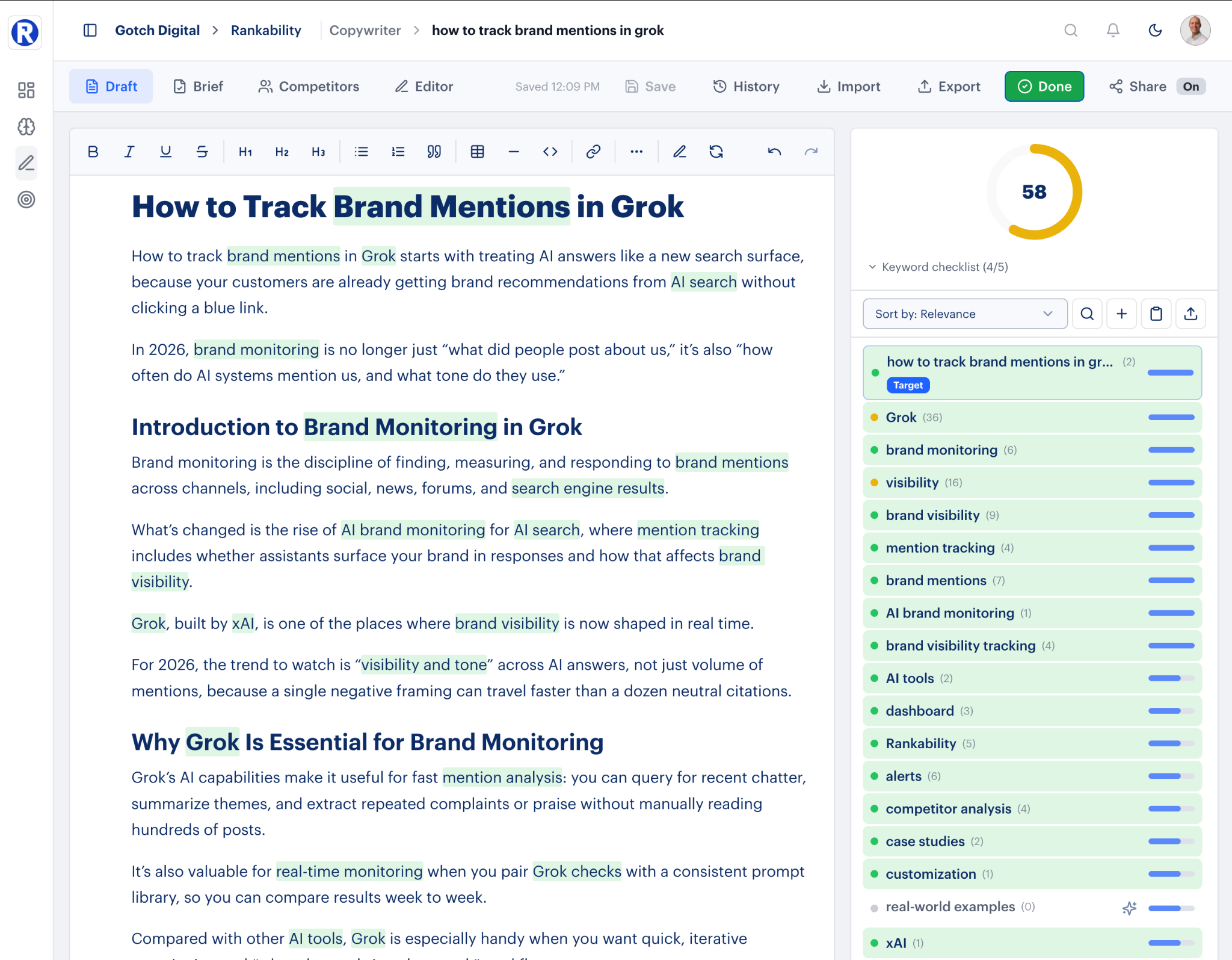 Rankability Copywriter editor showing a draft article titled "How to Track Brand Mentions in Grok" with a content score of 58 and a keyword checklist panel tracking term coverage and relevance.