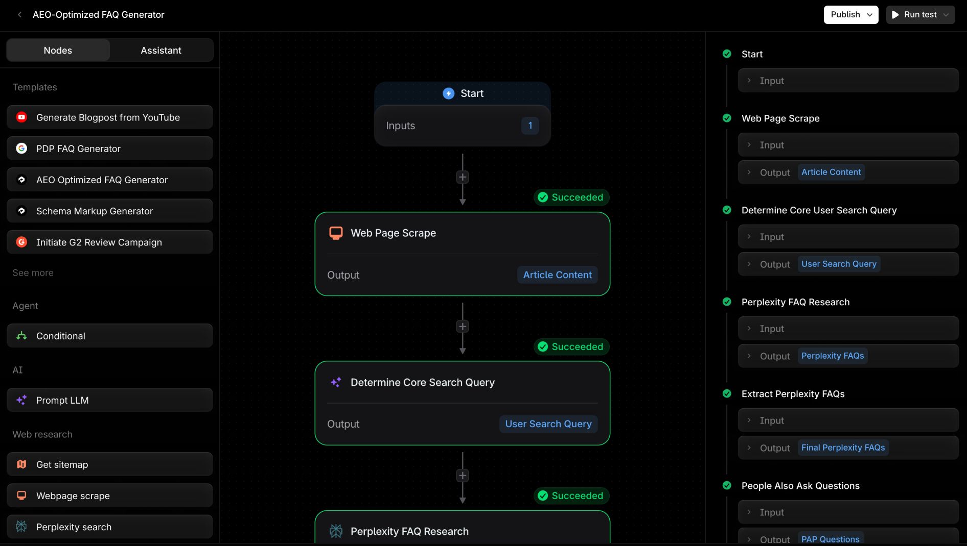 Profound Agent builder canvas showing a multi-step FAQ generation workflow with completed stages including Web Page Scrape, Determine Core Search Query, and Perplexity FAQ Research.