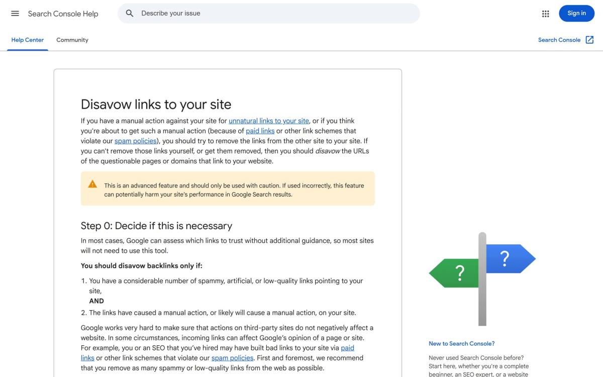 Google Search Console Help page for the disavow links tool, warning that it is an advanced feature that can harm your site if used incorrectly