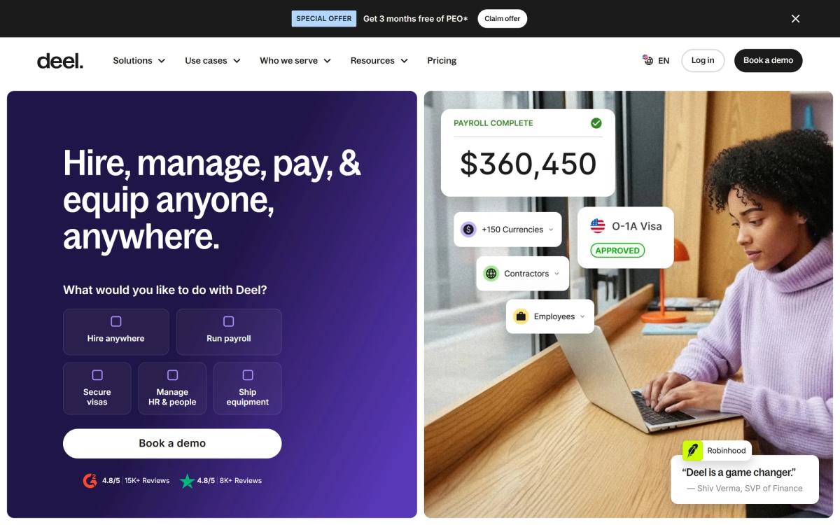 Deel landing page example with five routing tiles, two review scores and a named customer testimonial