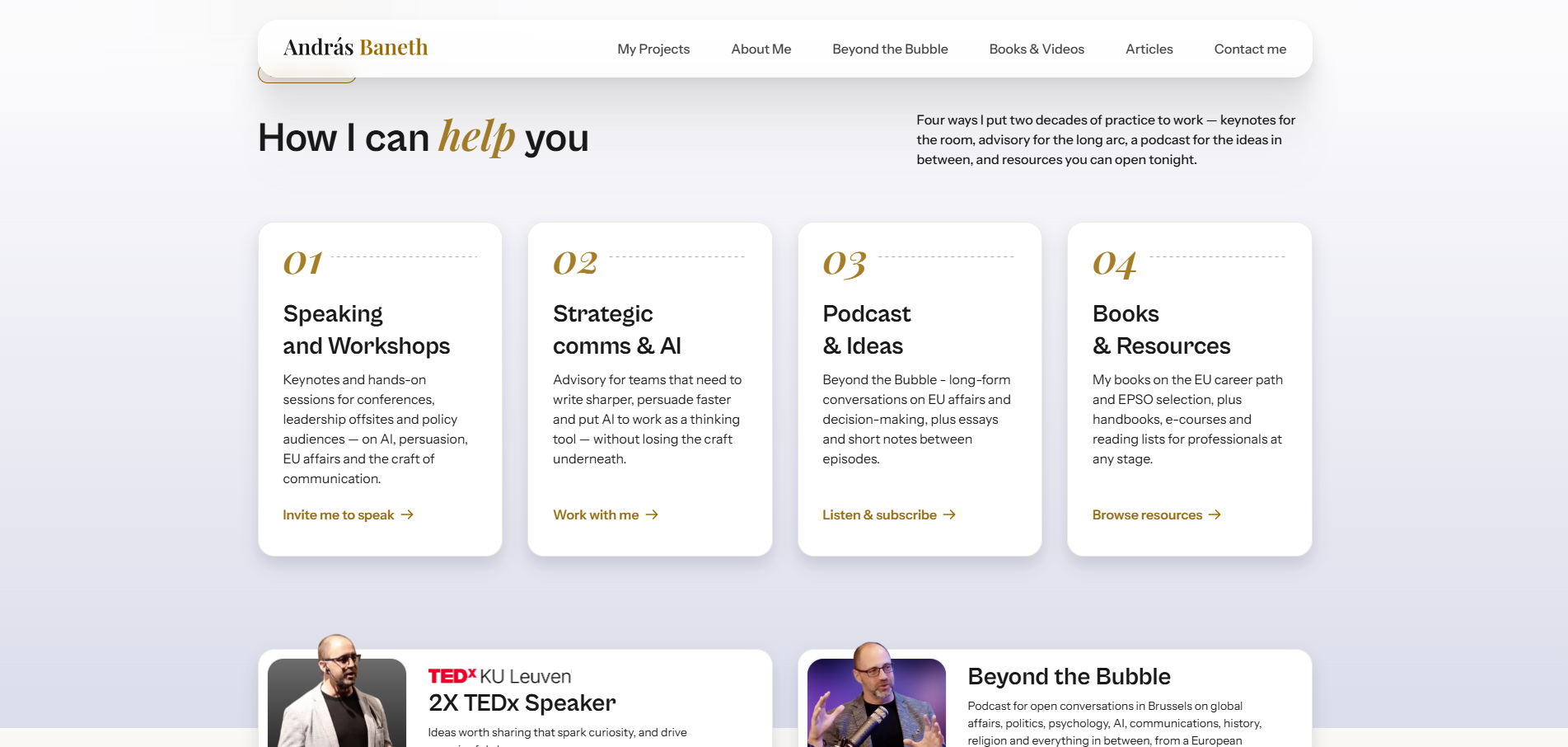How I Can Help page design for András Baneth showing the how i can help section