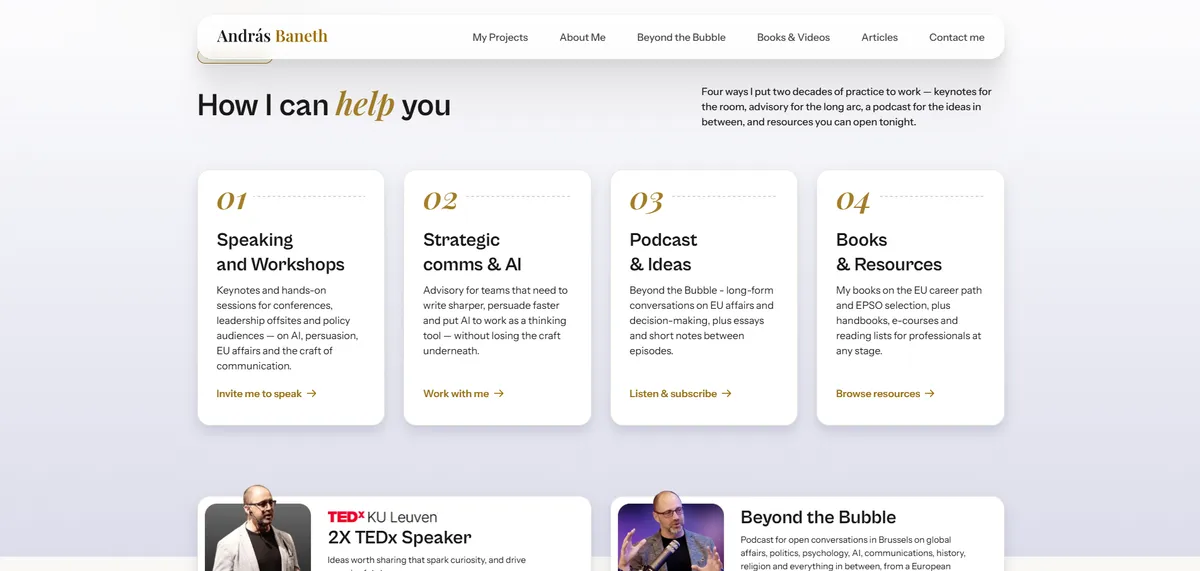 How I Can Help page design for András Baneth showing the how i can help section