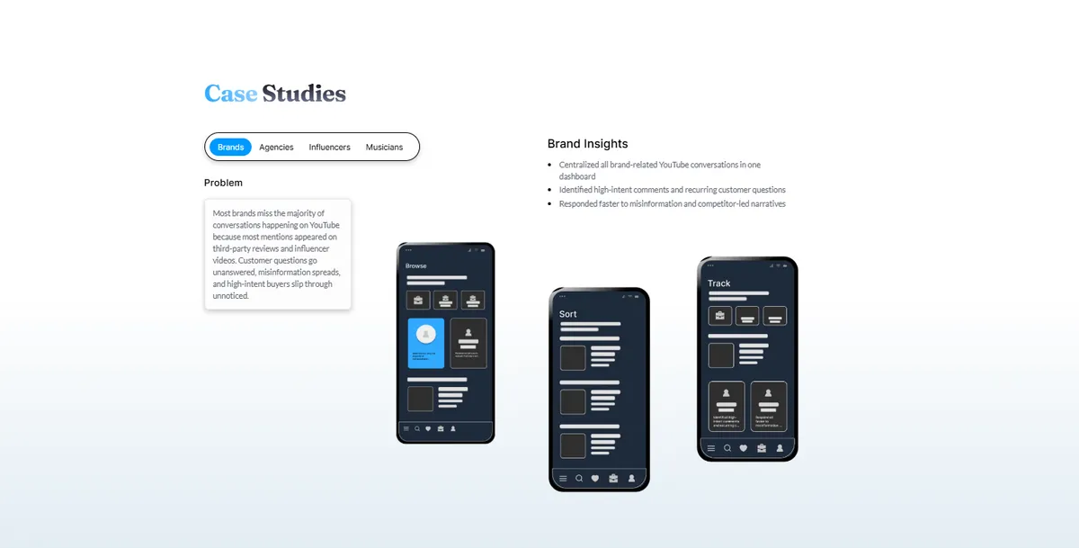 Case Studies page design for Comment Compass showing the case studies section