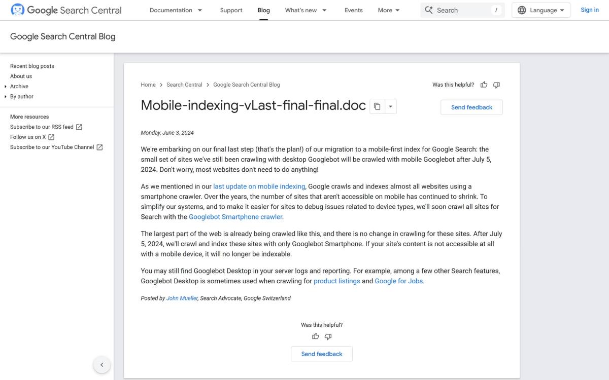 Google Search Central blog post from June 2024 announcing the final step of mobile-first indexing