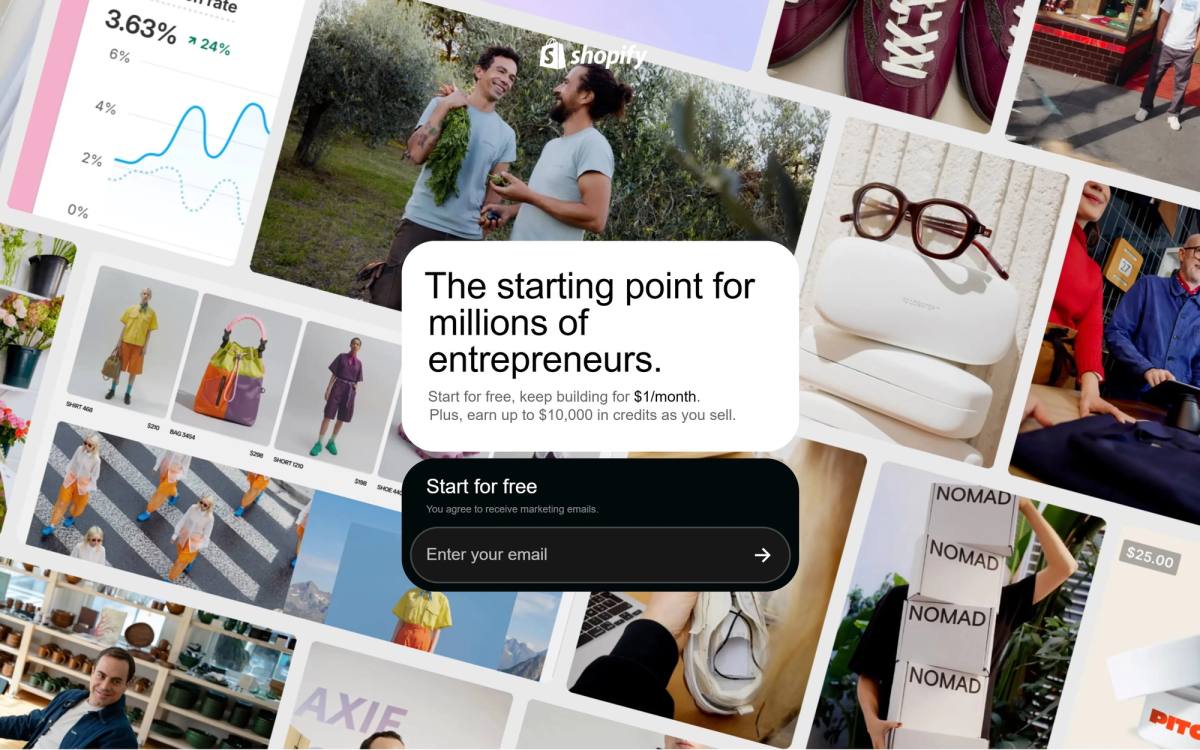 Shopify free trial landing page example with navigation stripped to a logo and a single email signup field
