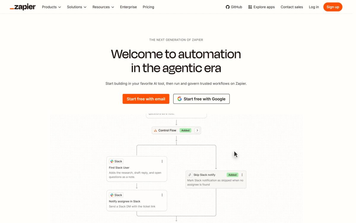 Zapier landing page example with the headline Smarter workflows Smaller bills and three product statistics