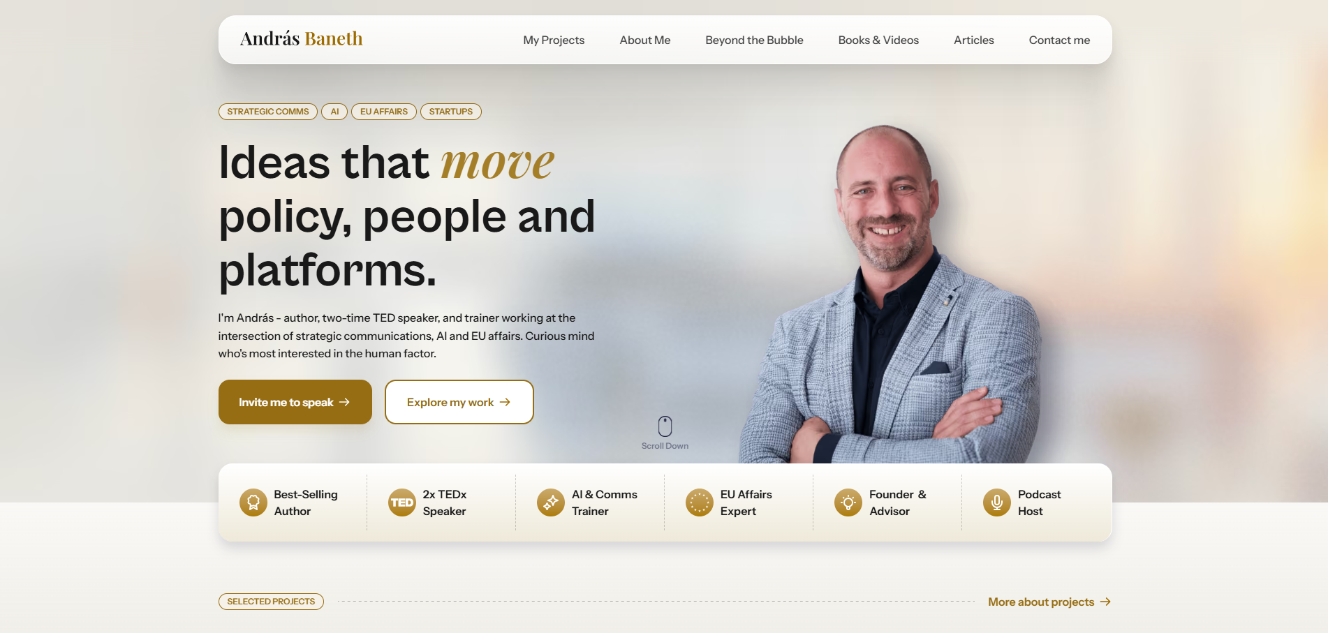 Homepage page design for András Baneth showing the homepage section