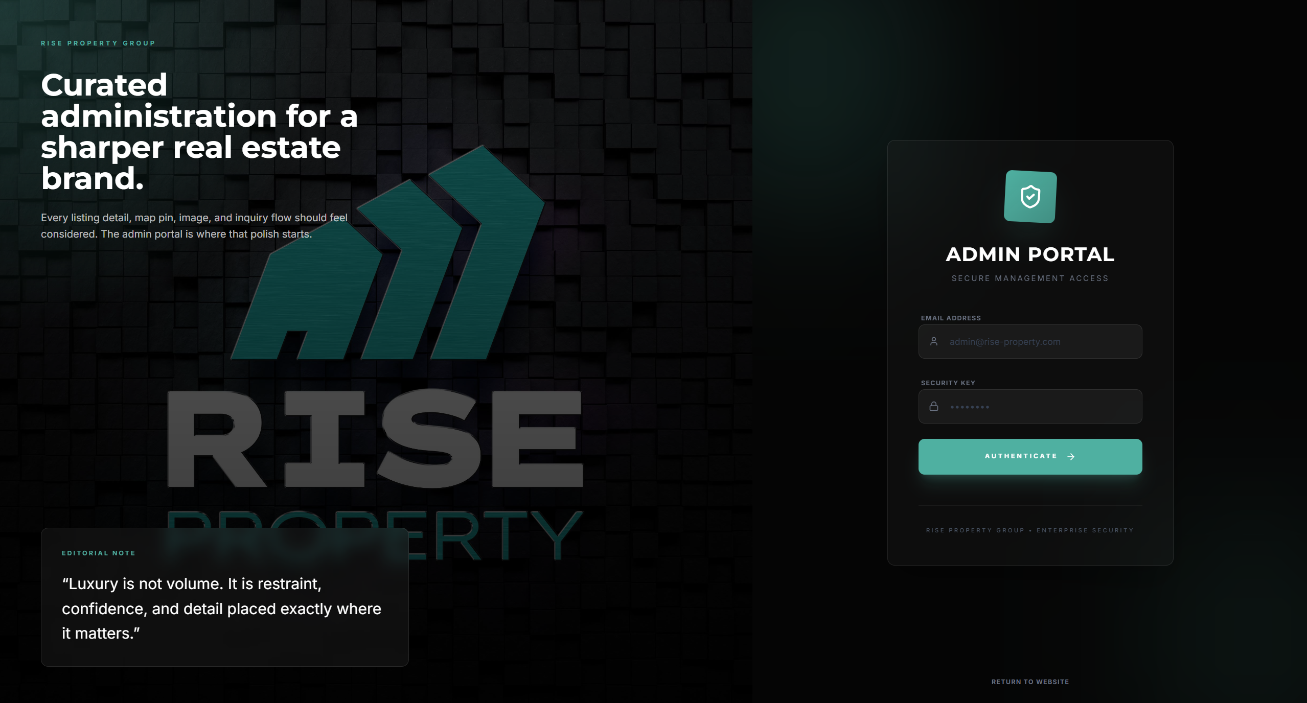 Admin Login page design for Rise Property showing the admin login section