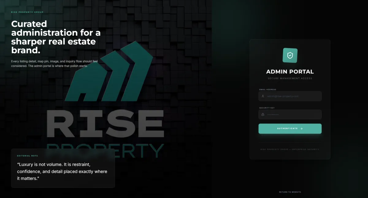 Admin Login page design for Rise Property showing the admin login section