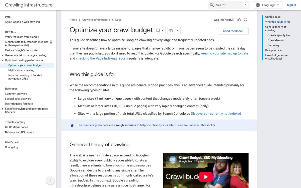 Google crawl budget guide stating it is for sites with over a million pages and that smaller sites do not need to read it