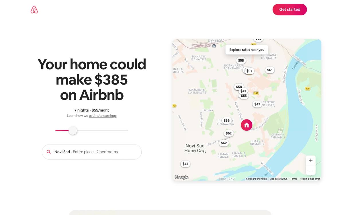 Airbnb host landing page example showing a personalised earnings headline and a nights slider with a local map
