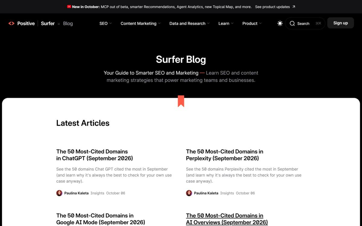 A URL for an SEO audit template on surferseo.com loading the generic Surfer Blog index page instead of the template article