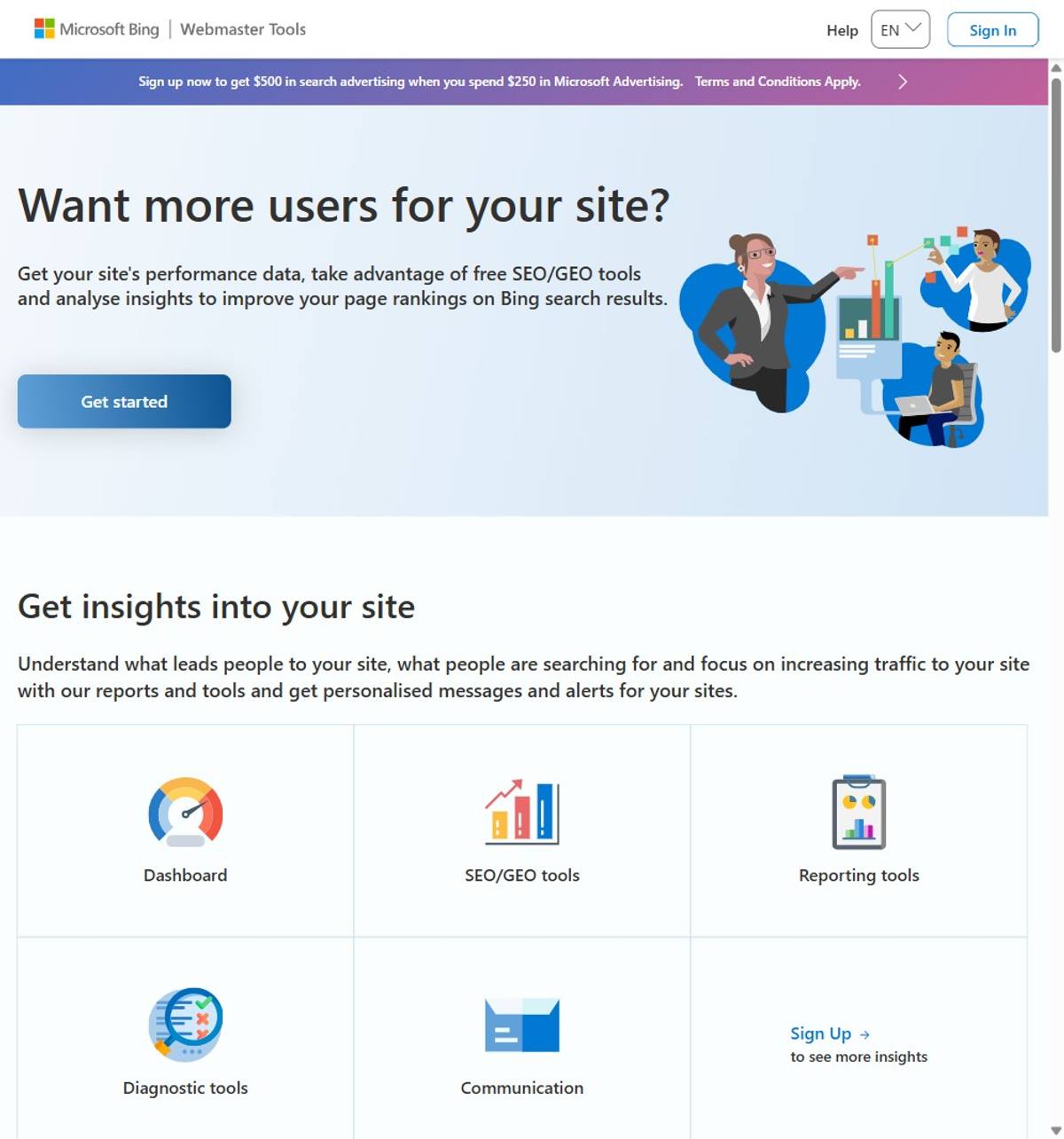 Bing Webmaster Tools landing page offering free SEO and GEO tools, with a Get started button for submitting a website to Bing