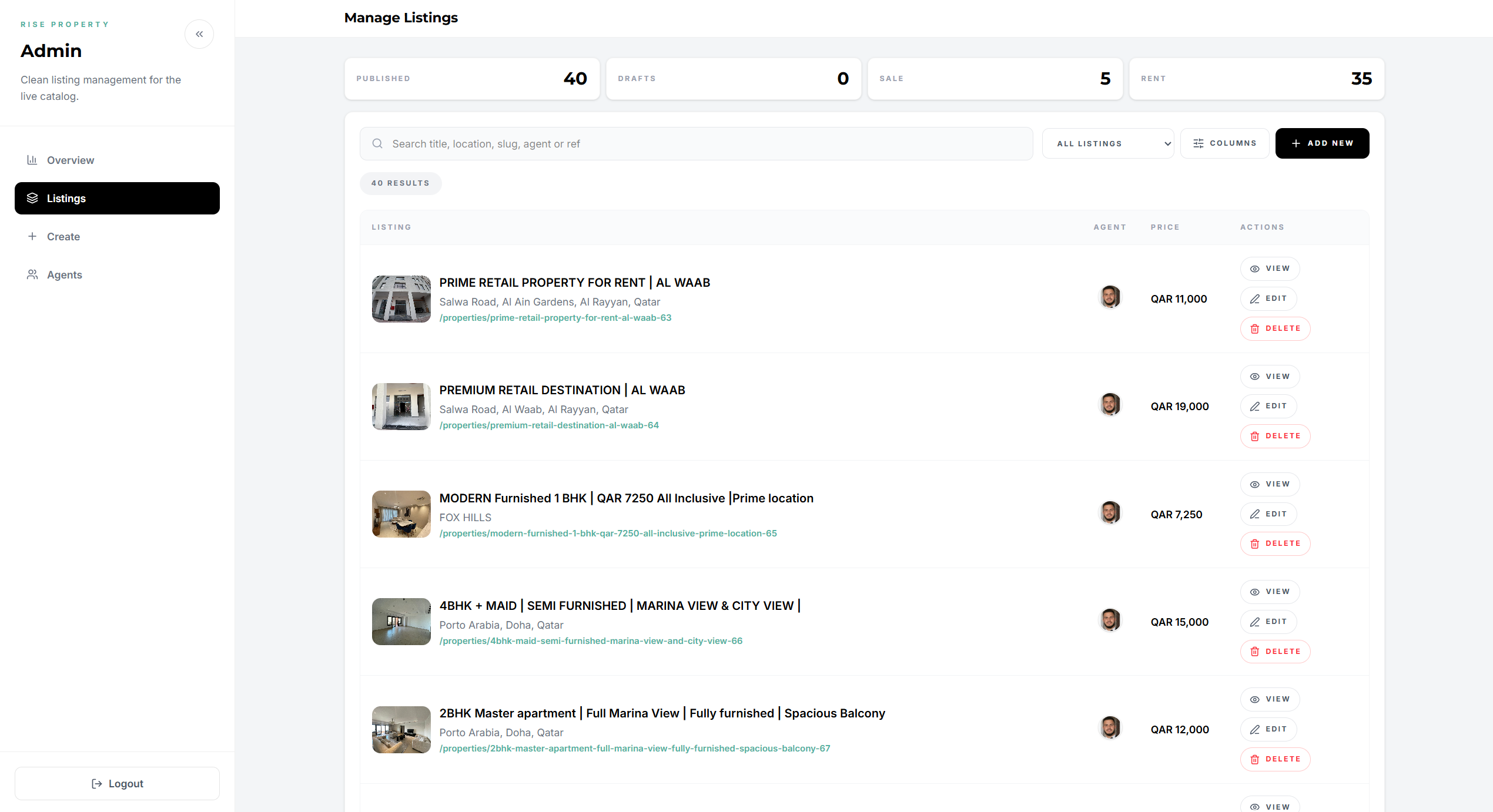 Admin Portal page design for Rise Property showing the admin portal section