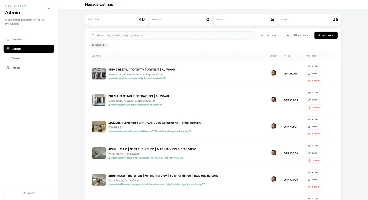 Admin Portal page design for Rise Property showing the admin portal section