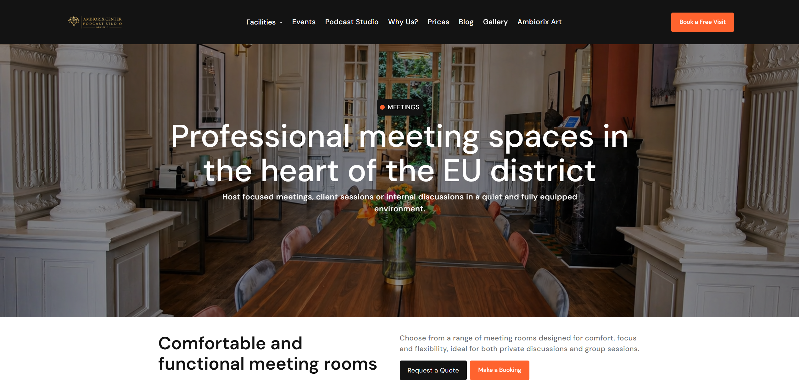 Meetings page design for Ambiorix Center showing the meetings section