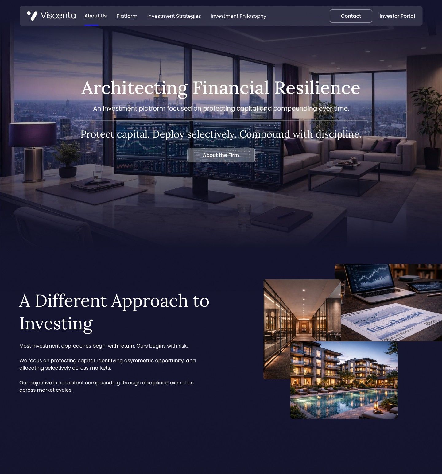 About Us page design for Viscenta Capital showing the about us section