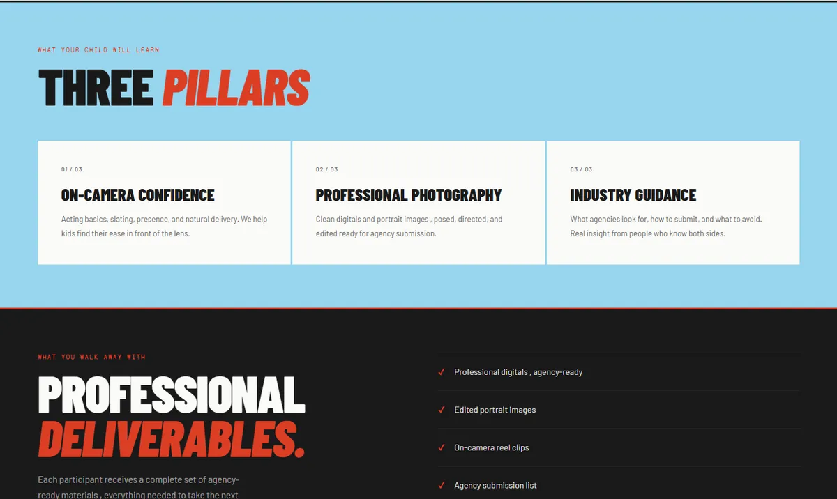 Pillars page design for Set Studio showing the pillars section