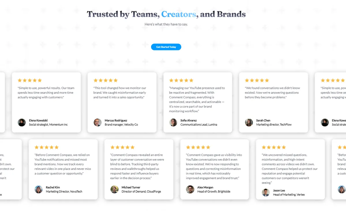 Testimonials page design for Comment Compass showing the testimonials section