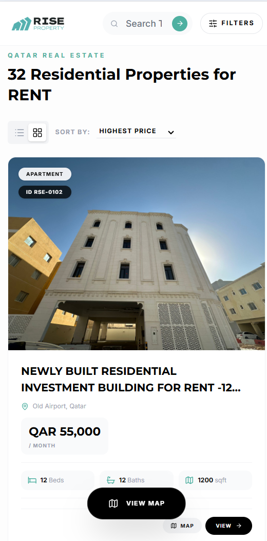 Mobile Search page design for Rise Property showing the mobile search section