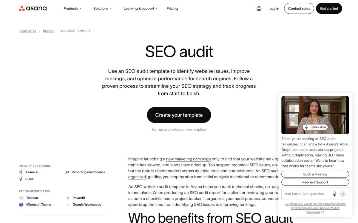Asana's SEO audit template page showing a Create your template signup button and an AI sales chat widget instead of the actual SEO audit checks